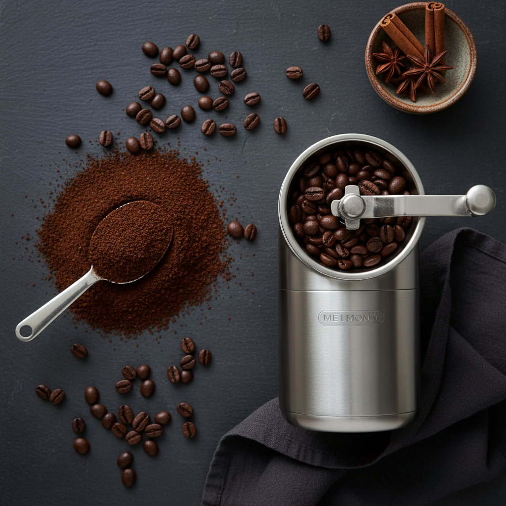 Coffee grinder flat lay with coffee beans