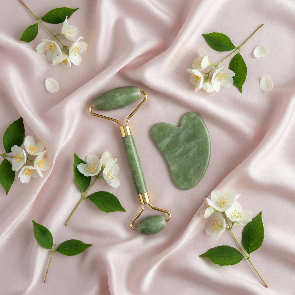 Jade roller and gua sha flat lay on silk