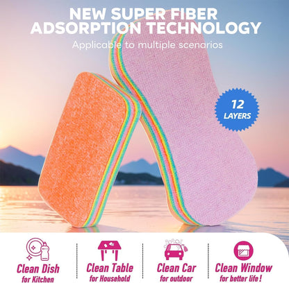 Peelable Layer 12-Ply Reusable Microfiber Cleaning Sponges – Highly Absorbent Multi-Use Dish Towels & Kitchen Scrub Rags