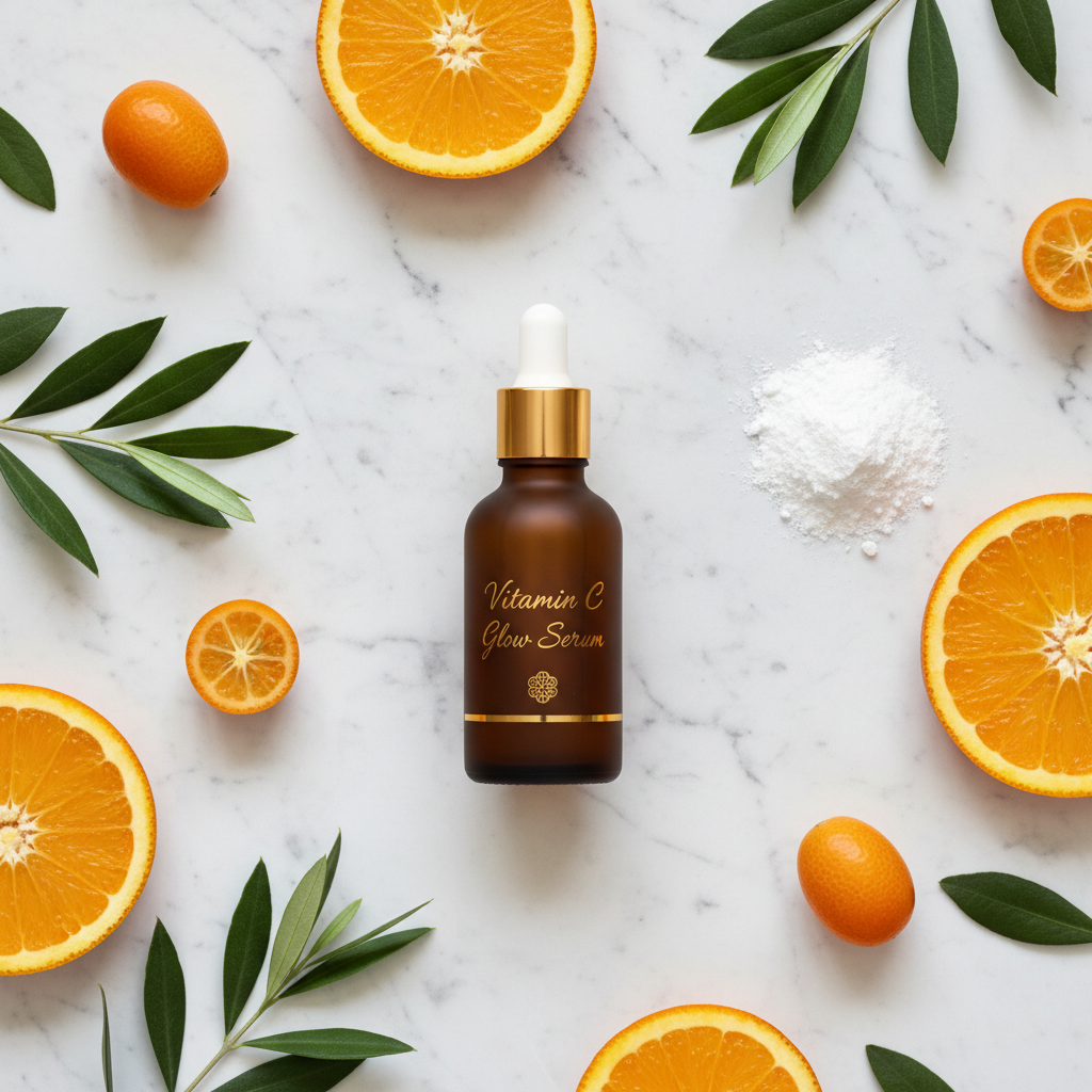 Vitamin C Glow Serum flat lay with oranges