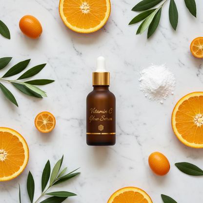 Vitamin C Glow Serum flat lay with oranges