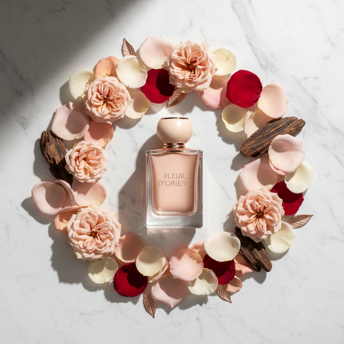 Rose Oud Luxury Perfume flat lay with rose petals on marble