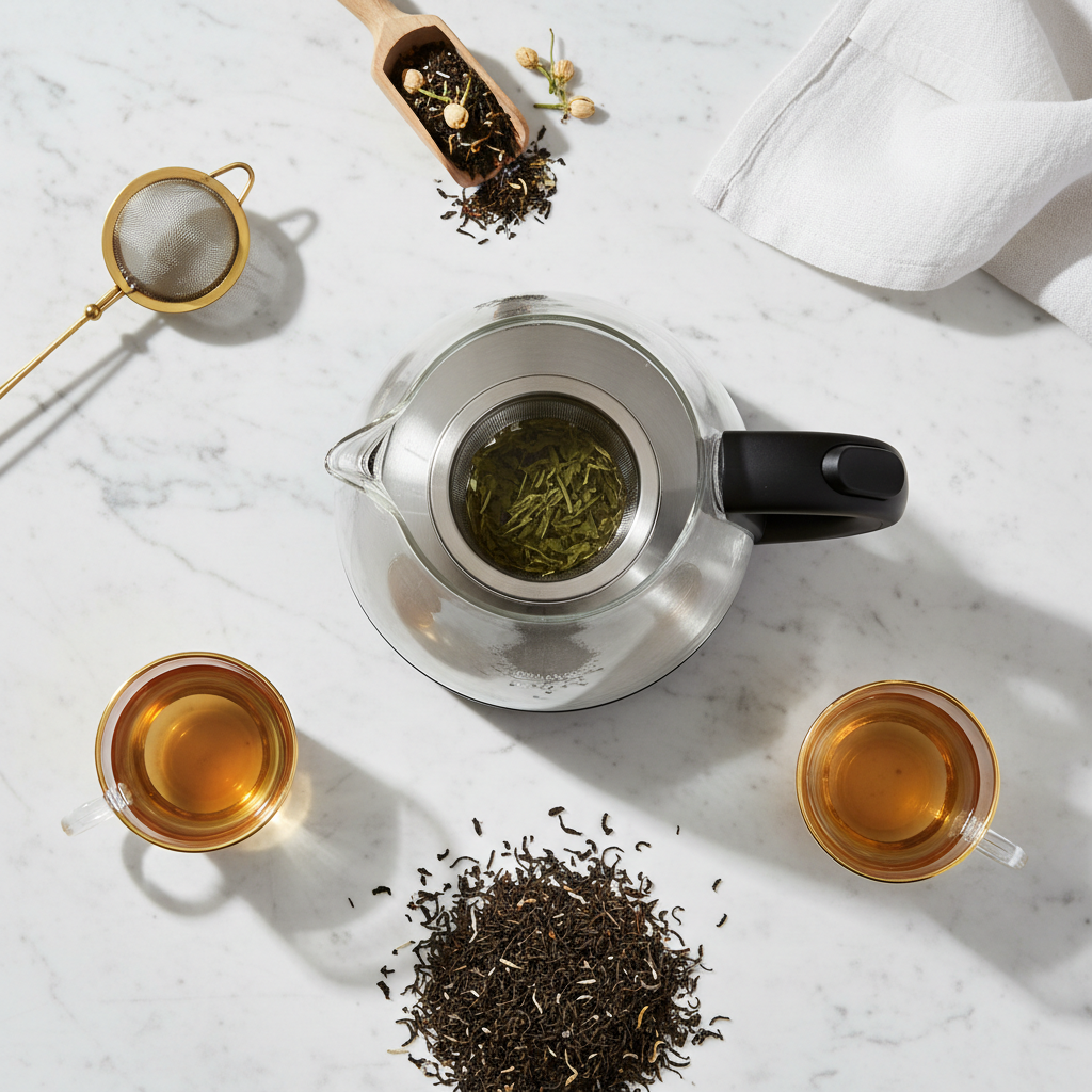 Glass kettle flat lay with tea cups