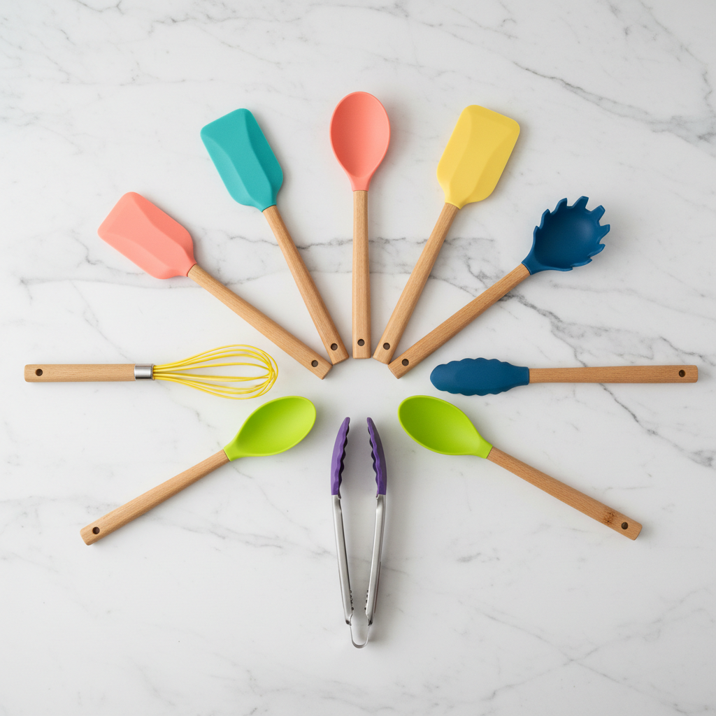 Silicone utensil set flat lay