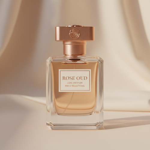 Rose Oud Luxury Perfume front view on cream background
