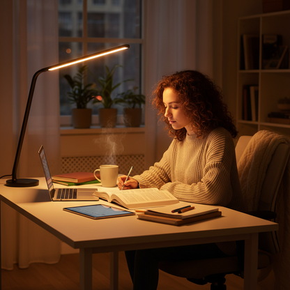 Student studying with desk lamp