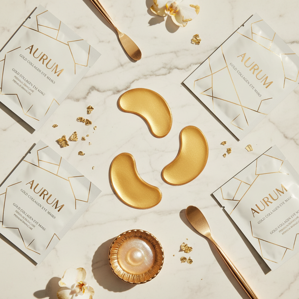 Gold collagen eye patches flat lay
