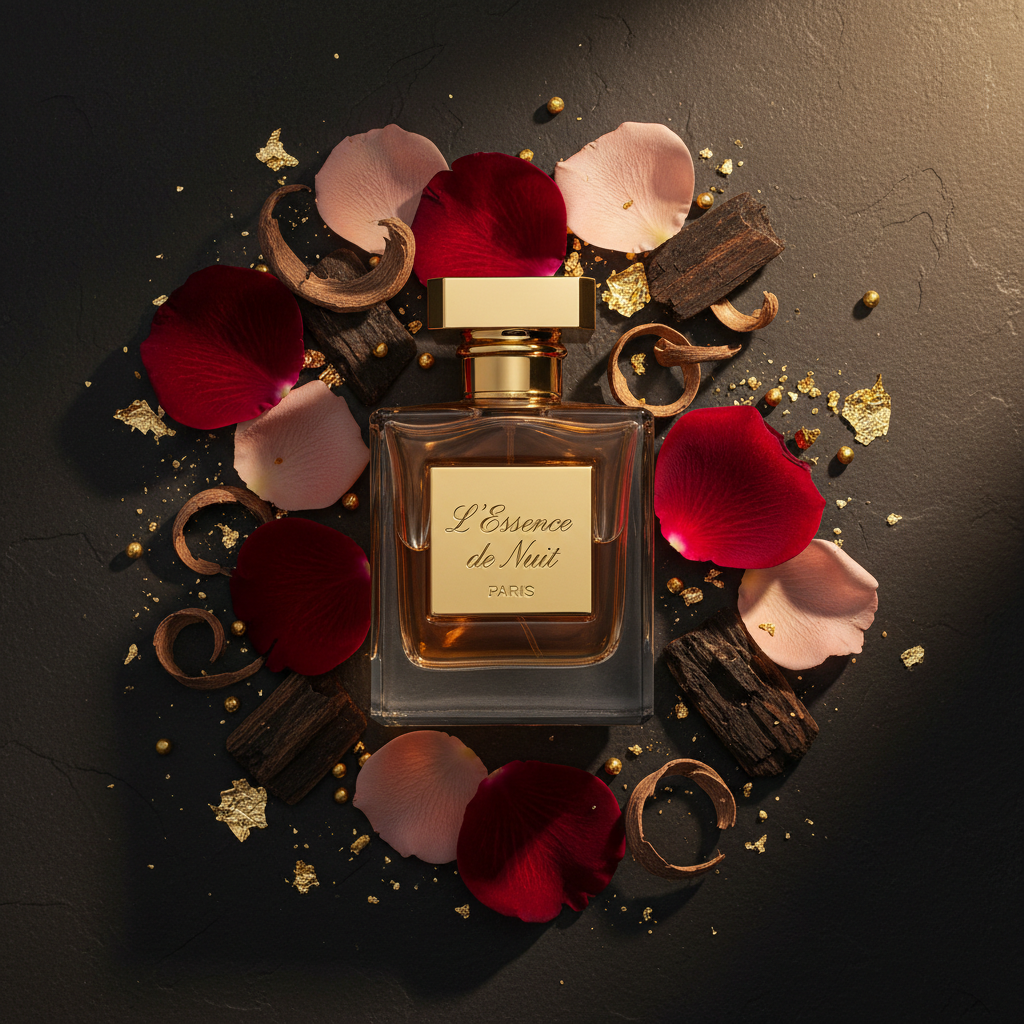 Rose Oud Luxury Perfume with rose petals and gold accents