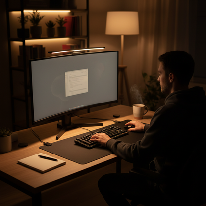 Monitor light illuminating desk at night
