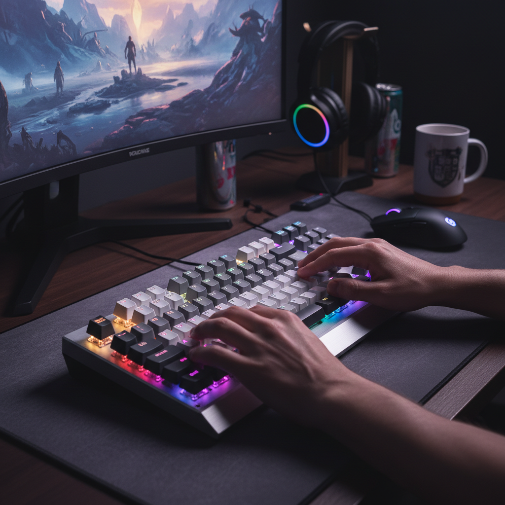 Hands typing on RGB keyboard