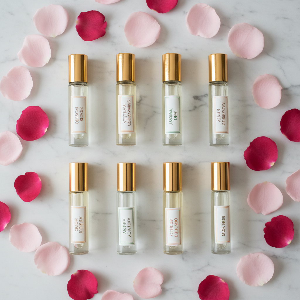 Perfume oil roll-on set flat lay with rose petals