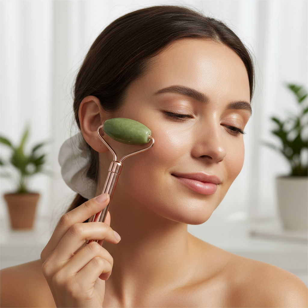 Jade roller being used on face