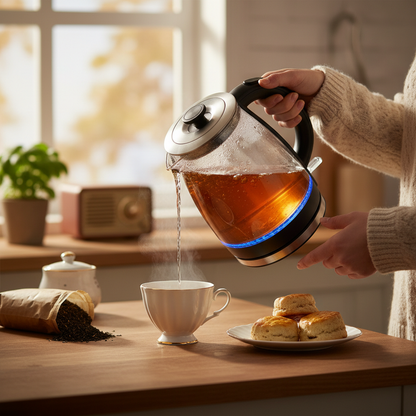 Pouring tea from glass kettle