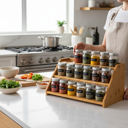 Organized kitchen with spice rack