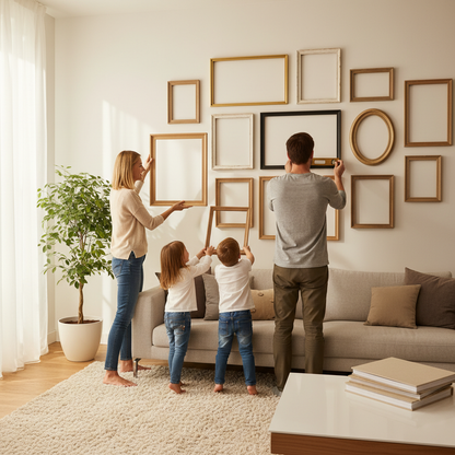 Family arranging photo frames on wall