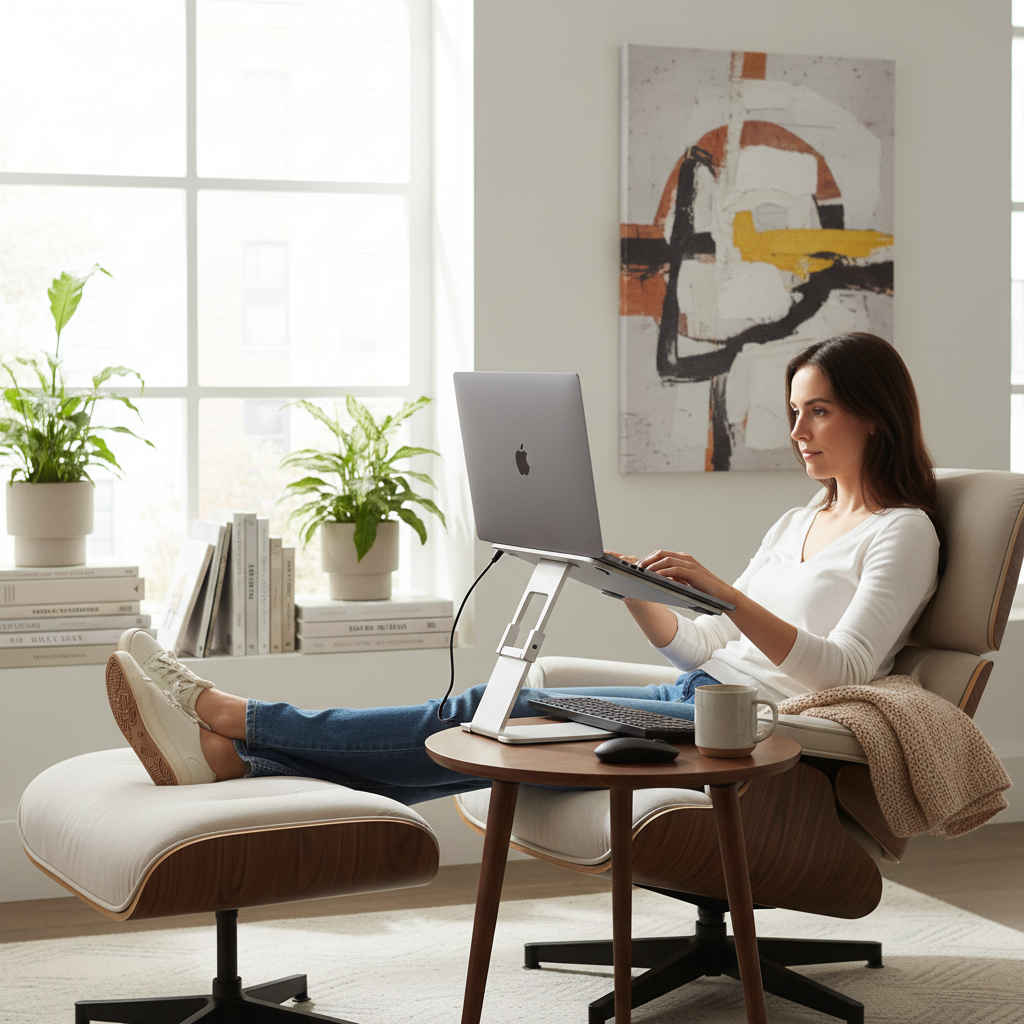 Person working on laptop stand