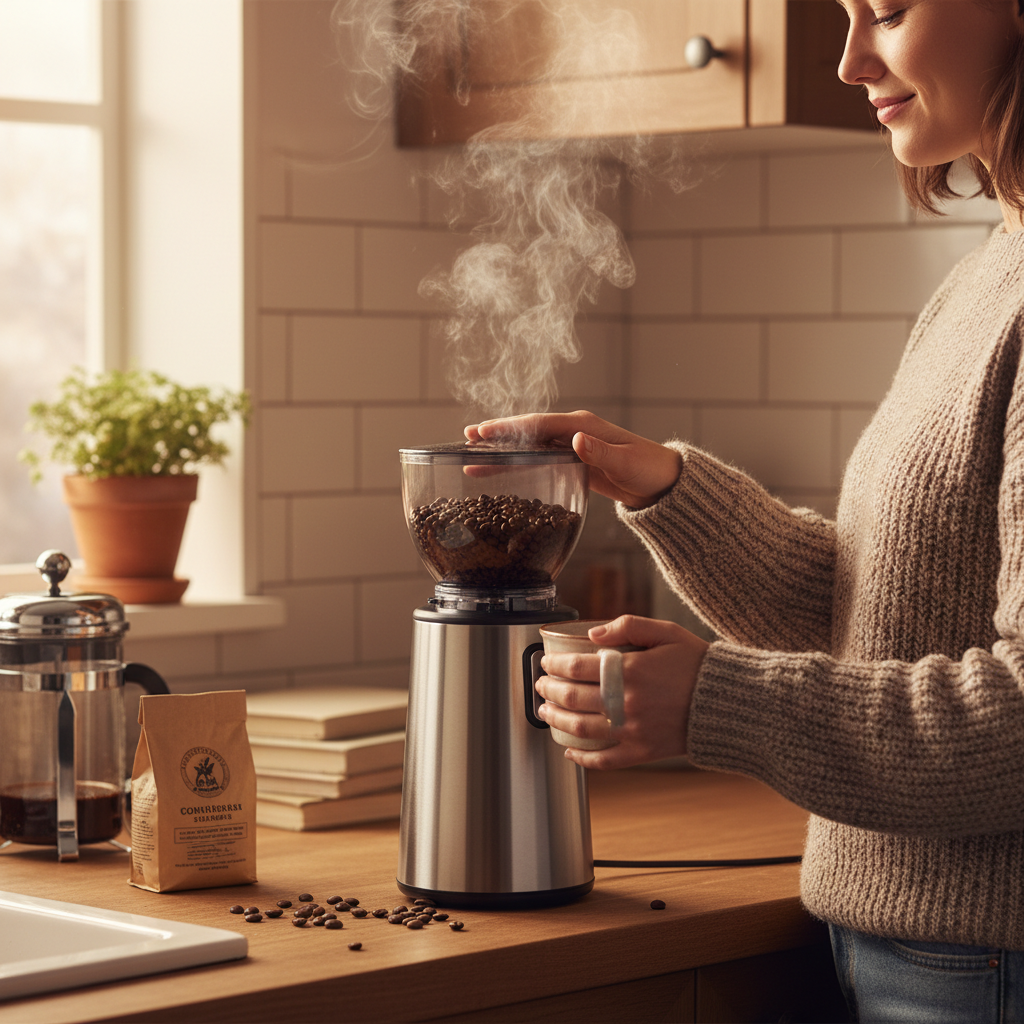 Person grinding coffee in morning
