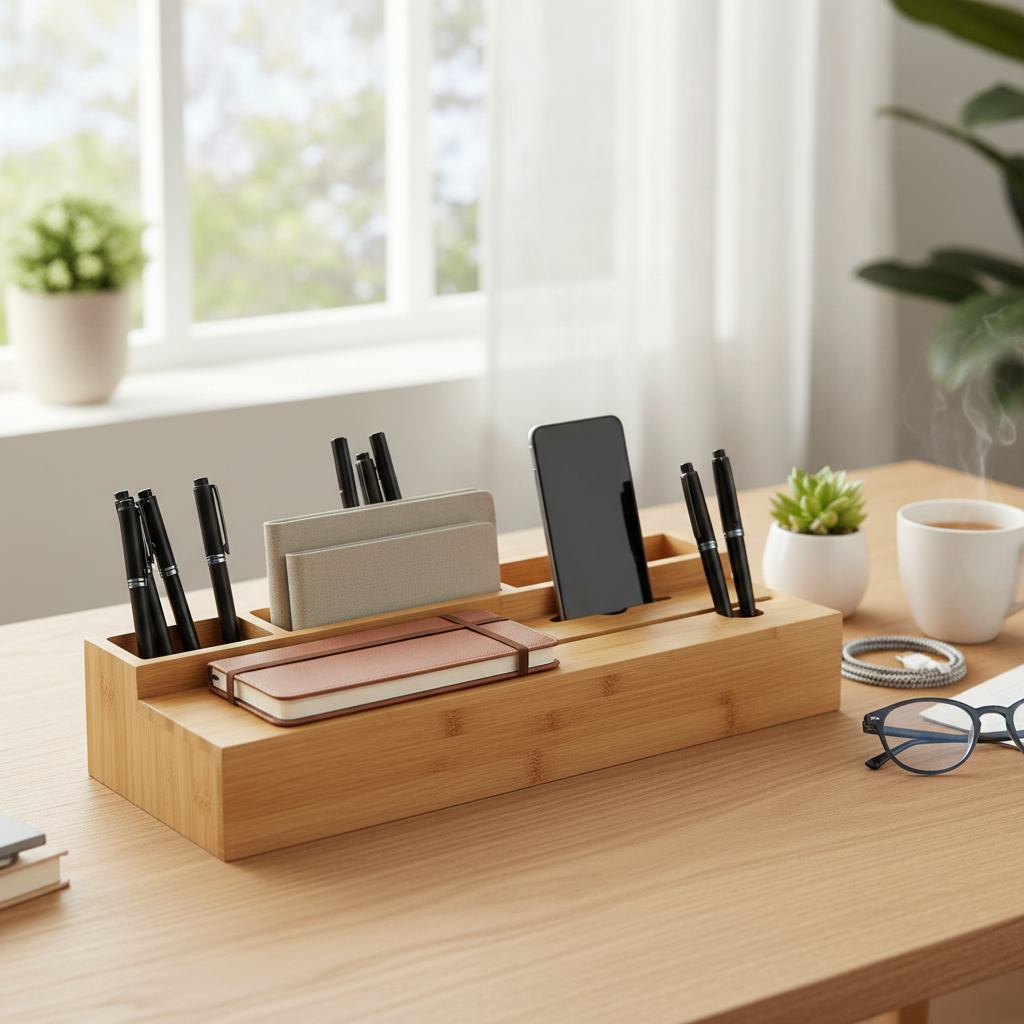 Organized desk with bamboo organizer