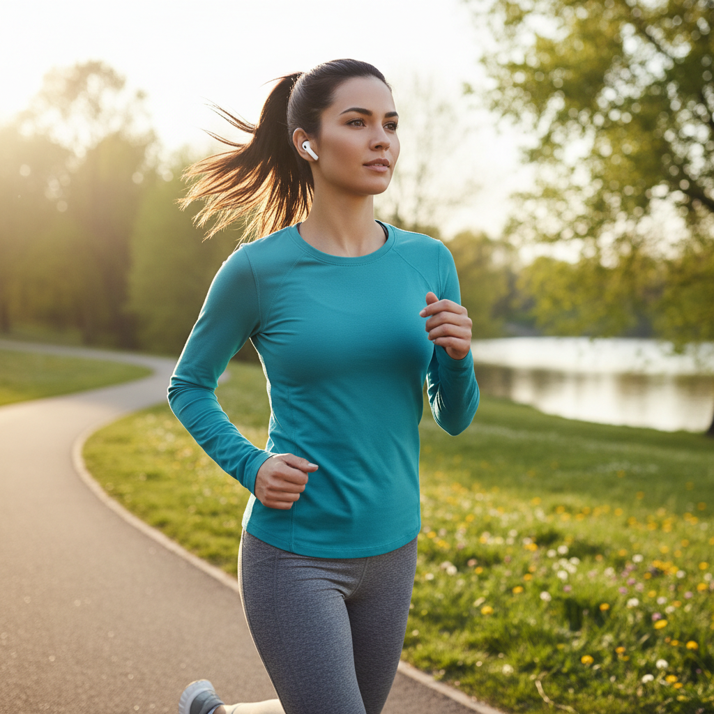 Person wearing wireless earbuds jogging
