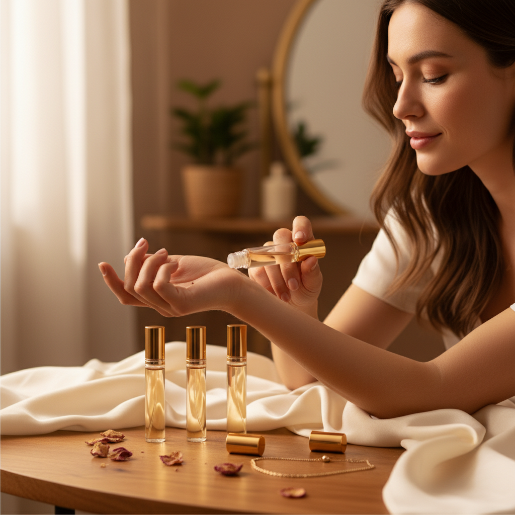 Perfume oil roll-on being applied on wrist