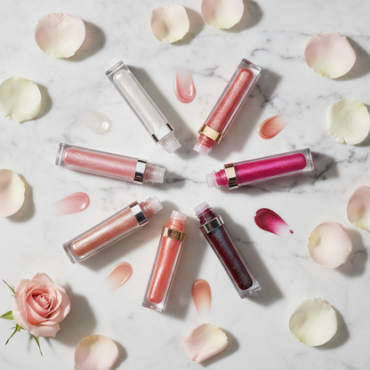 Lip gloss set flat lay with rose petals