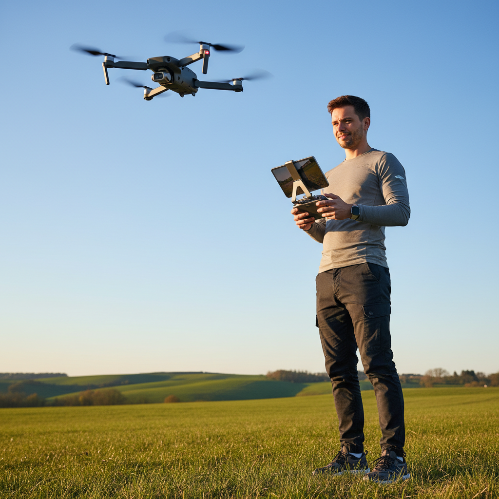 Person flying mini drone outdoors