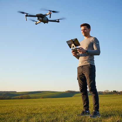 Person flying mini drone outdoors