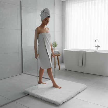 Person stepping on bath mat