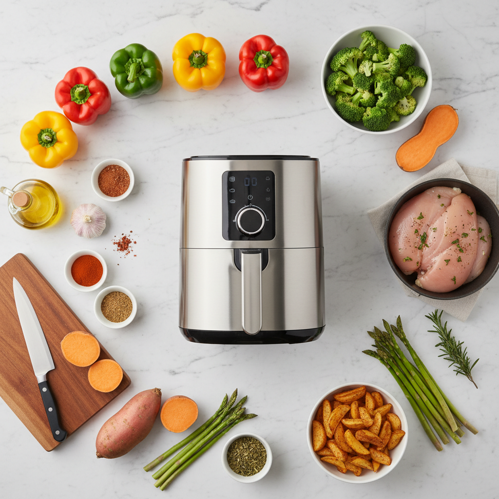Air fryer flat lay with vegetables