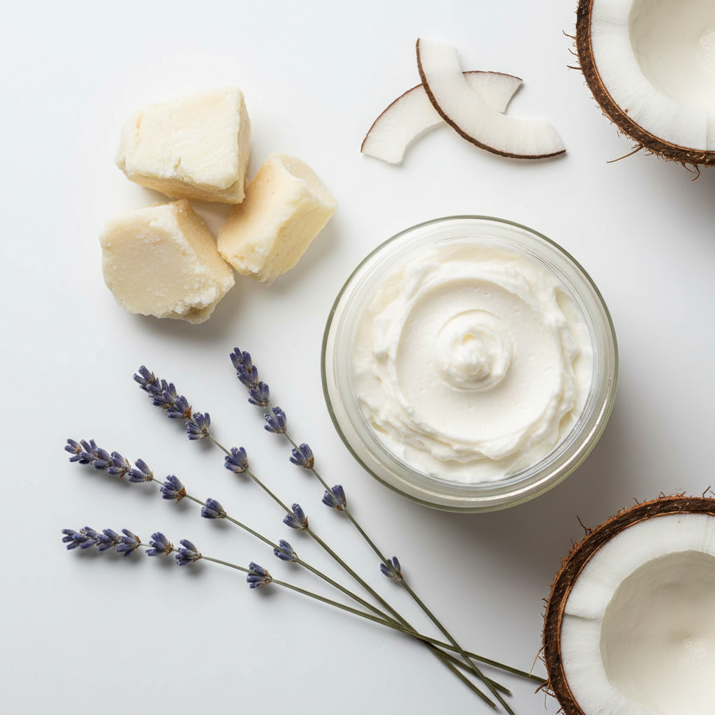 Body butter flat lay with shea and lavender