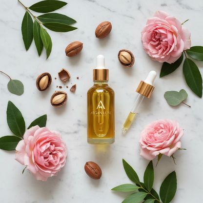 Argan oil hair serum flat lay with argan nuts