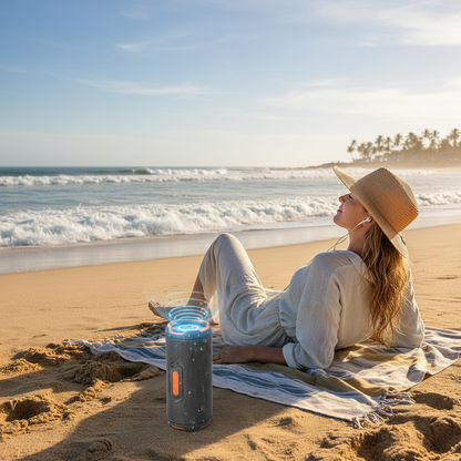 Person at beach with bluetooth speaker