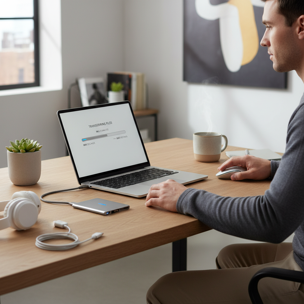 Person using portable SSD with laptop