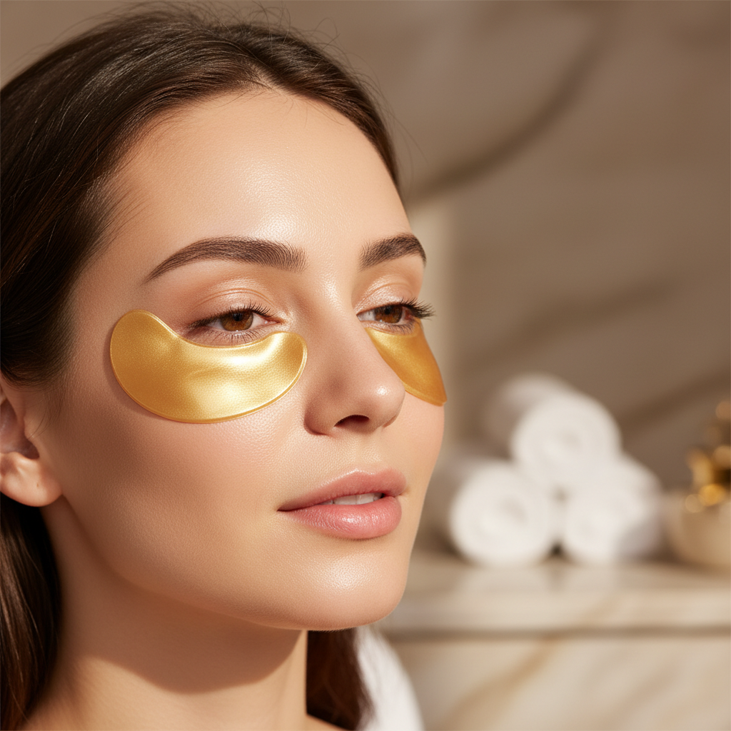 Gold collagen under eye patches on face