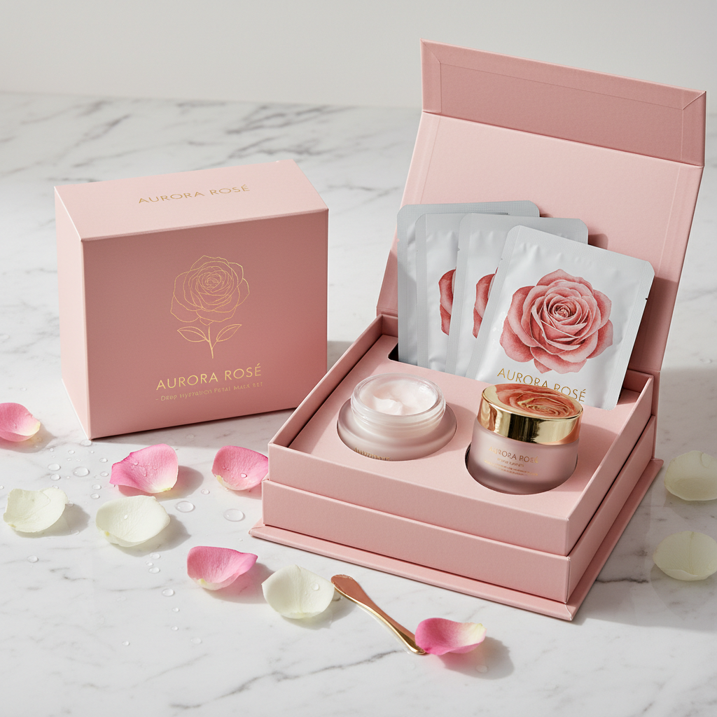 Hydrating rose face mask set with pink packaging