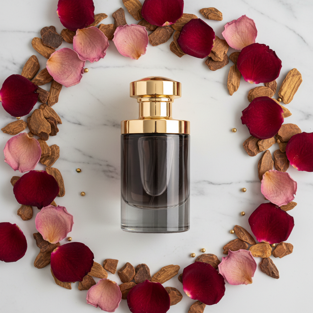 Luxury Rose Oud Perfume flat lay with rose petals