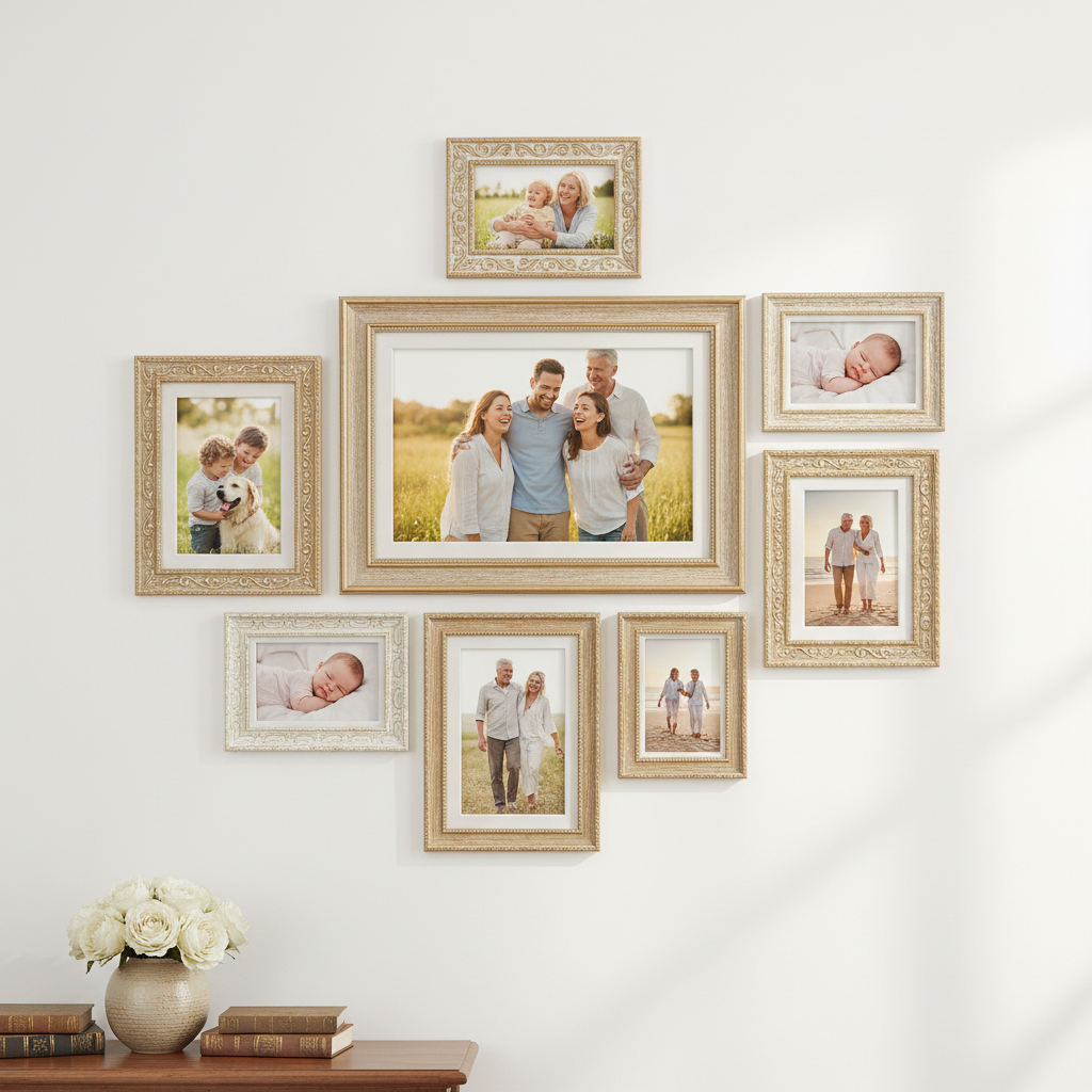 Decorative photo frame set gold and white