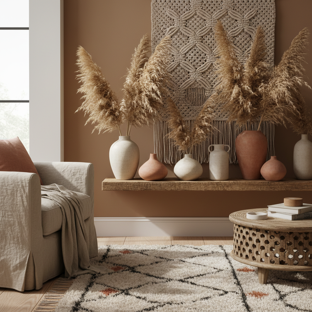 Vases with pampas grass on shelf