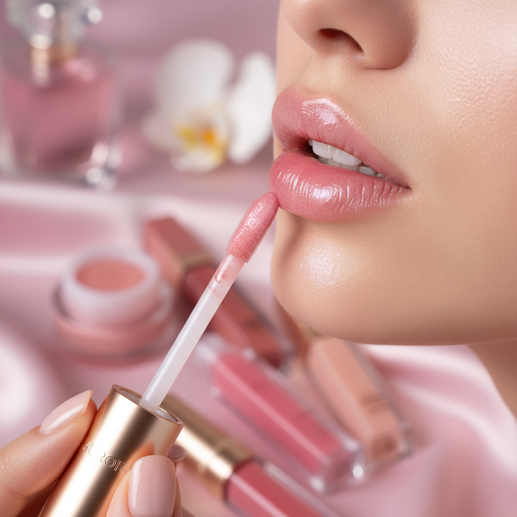 Woman applying pink lip gloss