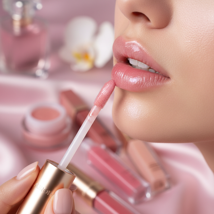 Woman applying pink lip gloss