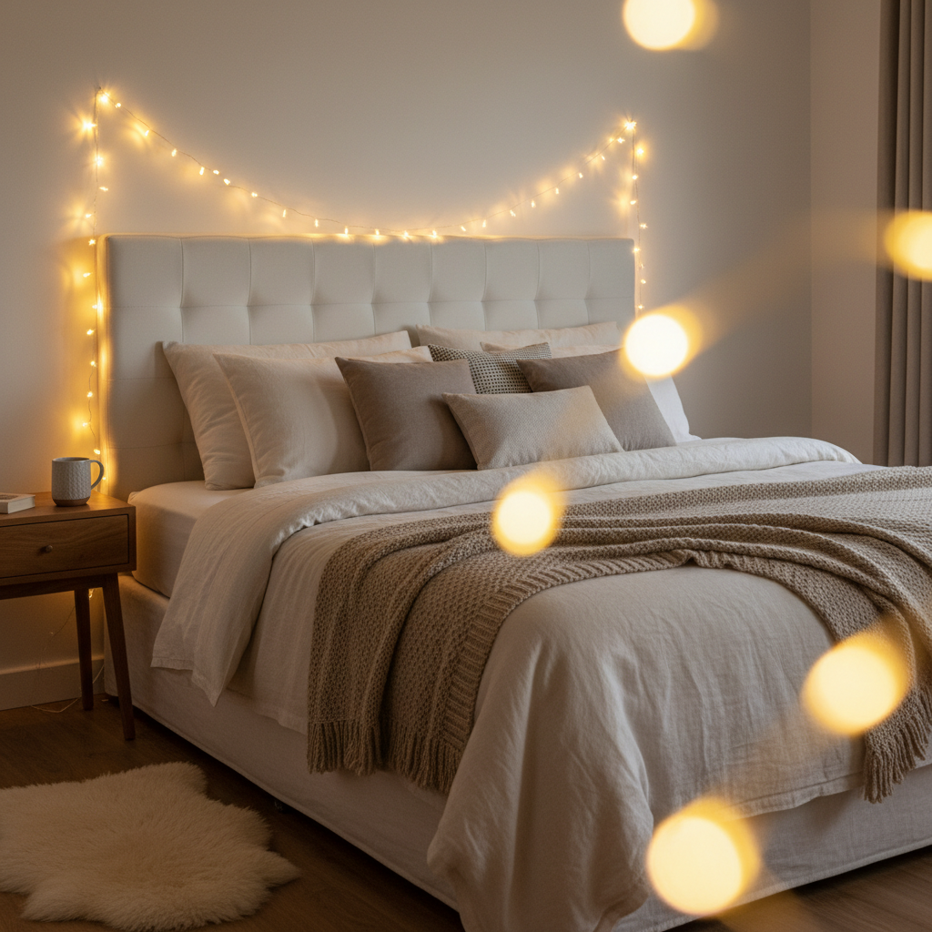 Fairy lights in cozy bedroom