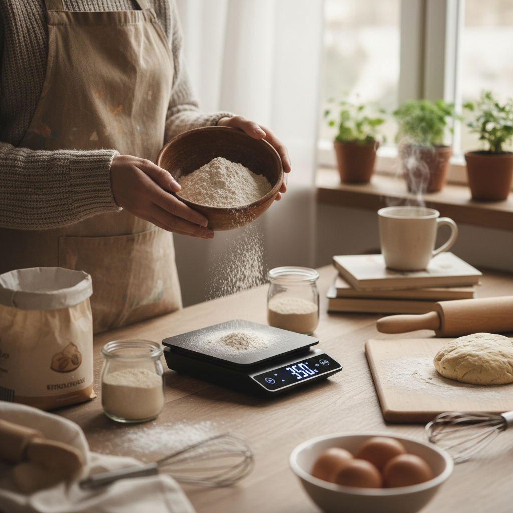 Person measuring flour on kitchen scale