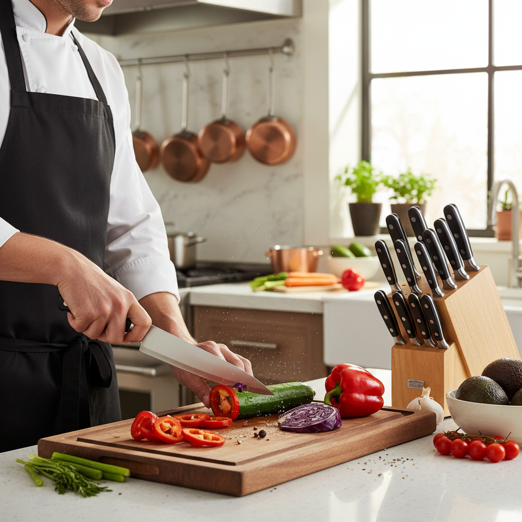 Chef chopping vegetables with knife