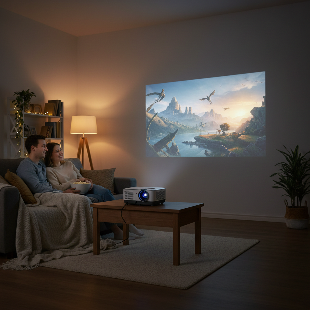 Couple watching movie with mini projector