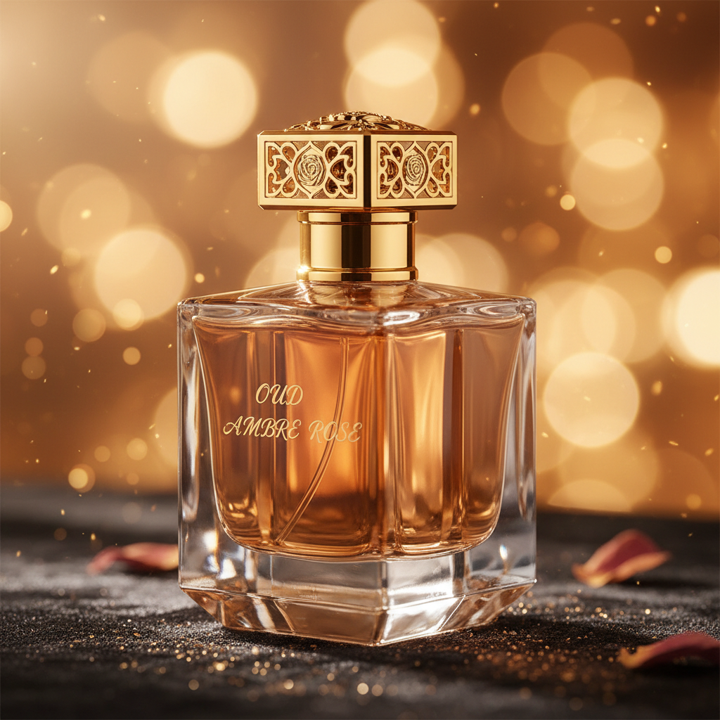 Luxury Rose Oud Perfume close up macro shot