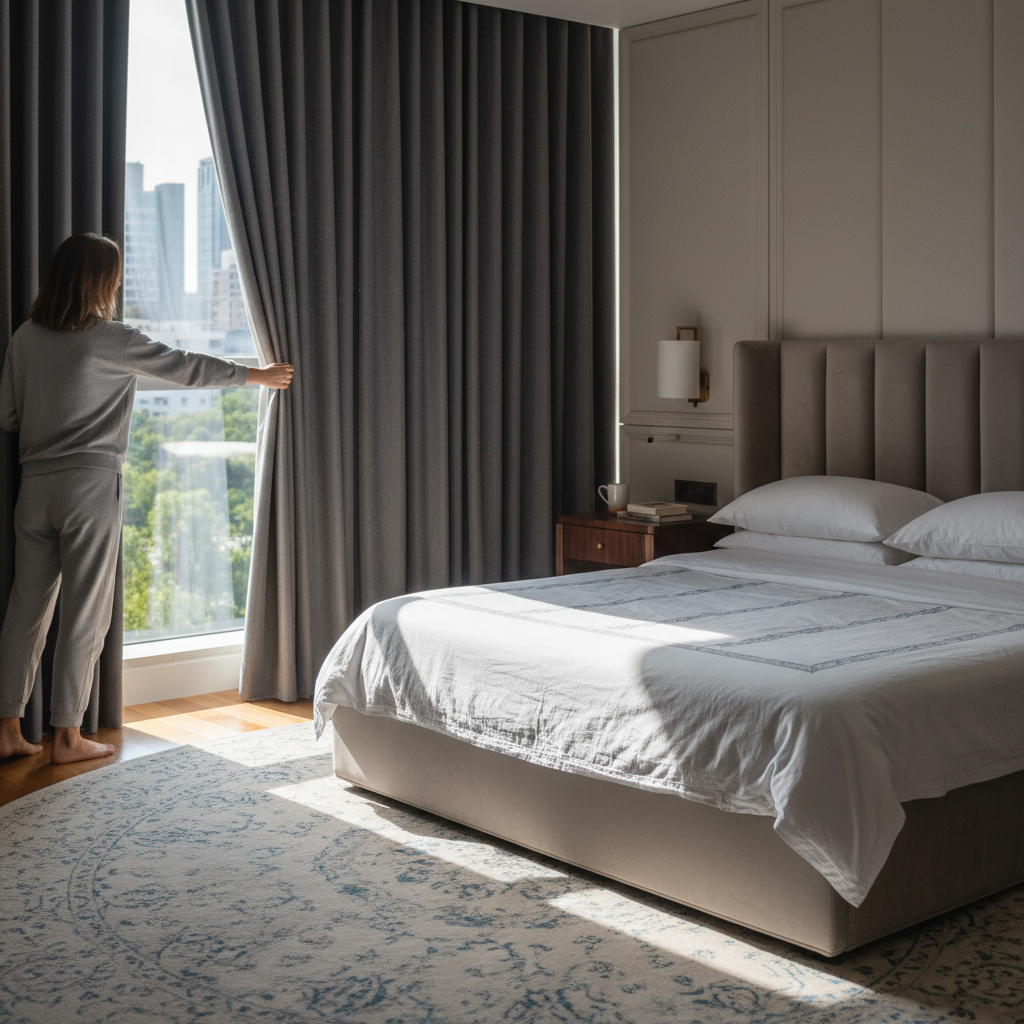 Person opening blackout curtains