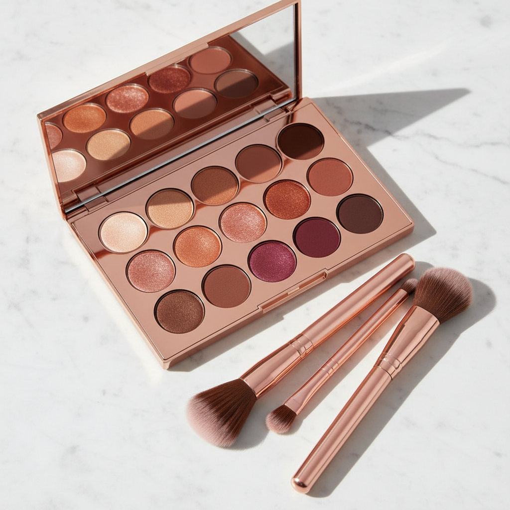 Eyeshadow palette flat lay with brushes